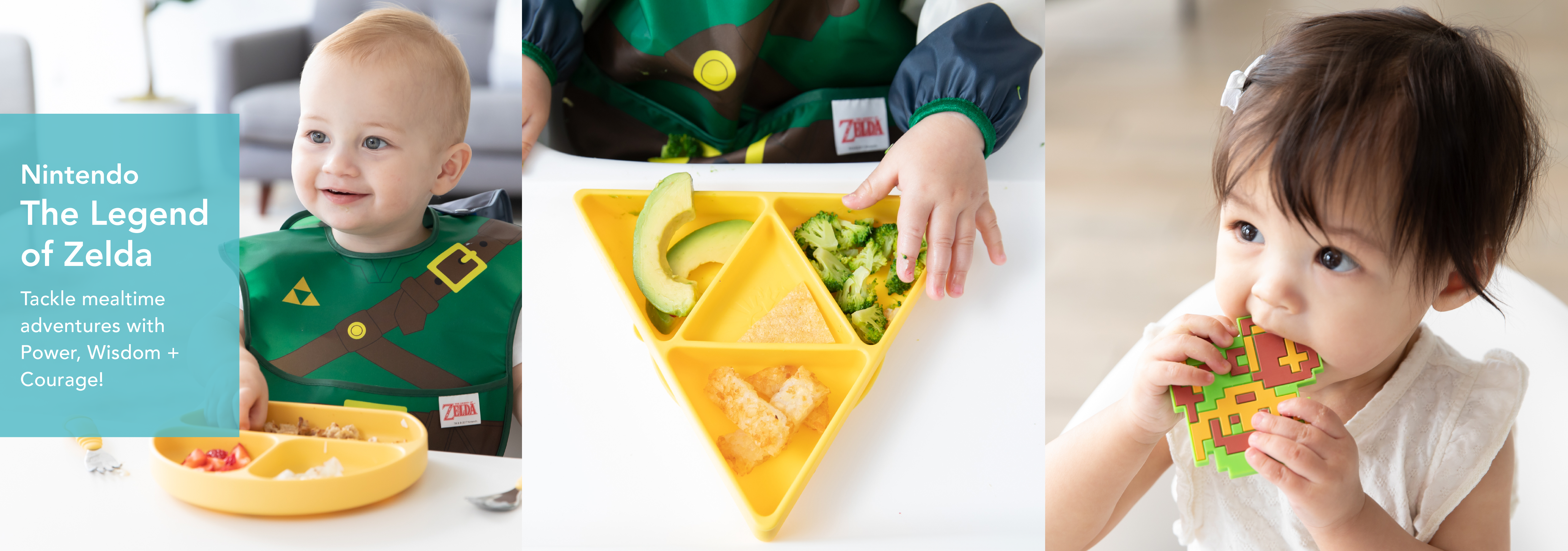 Three toddlers enjoy meals on a yellow triforce-shaped plate featuring sections with broccoli, avocado, and snacks. Each child wears a green bib inspired by The Legend of Zelda. One bites into a matching green and brown teether.