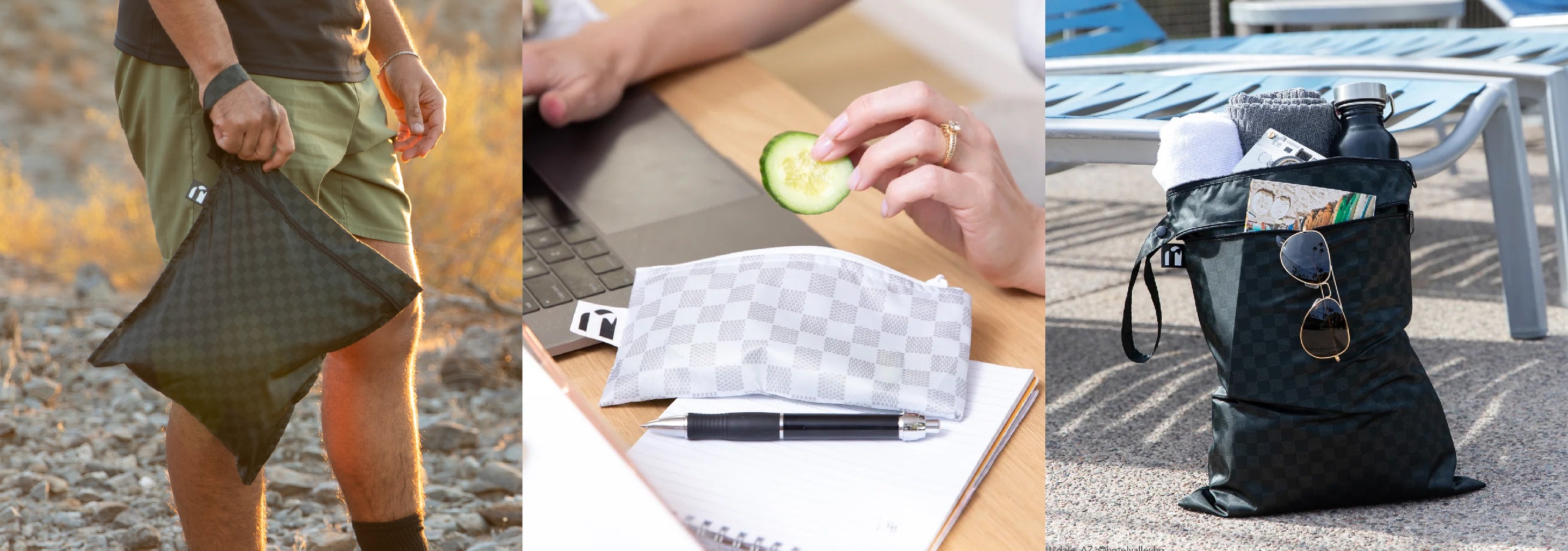 Three images show stylish checkered bags: a bag outdoors, a small pouch near a laptop, and a large bag by a pool with accessories.