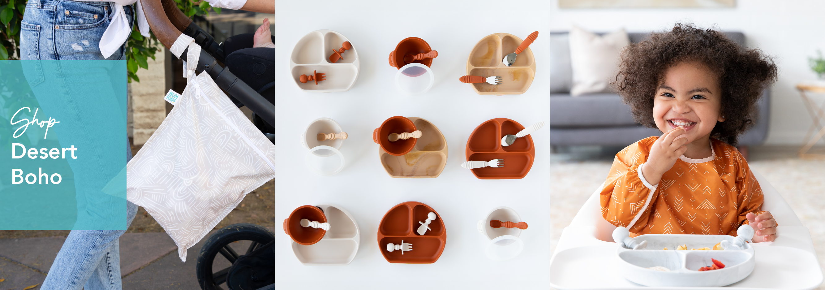 A split image: a stroller with a patterned bag, various brown and cream-colored baby plates and cutlery arranged artistically, and a smiling child in an orange bib eating at a table. Text reads Sage Desert Boho.