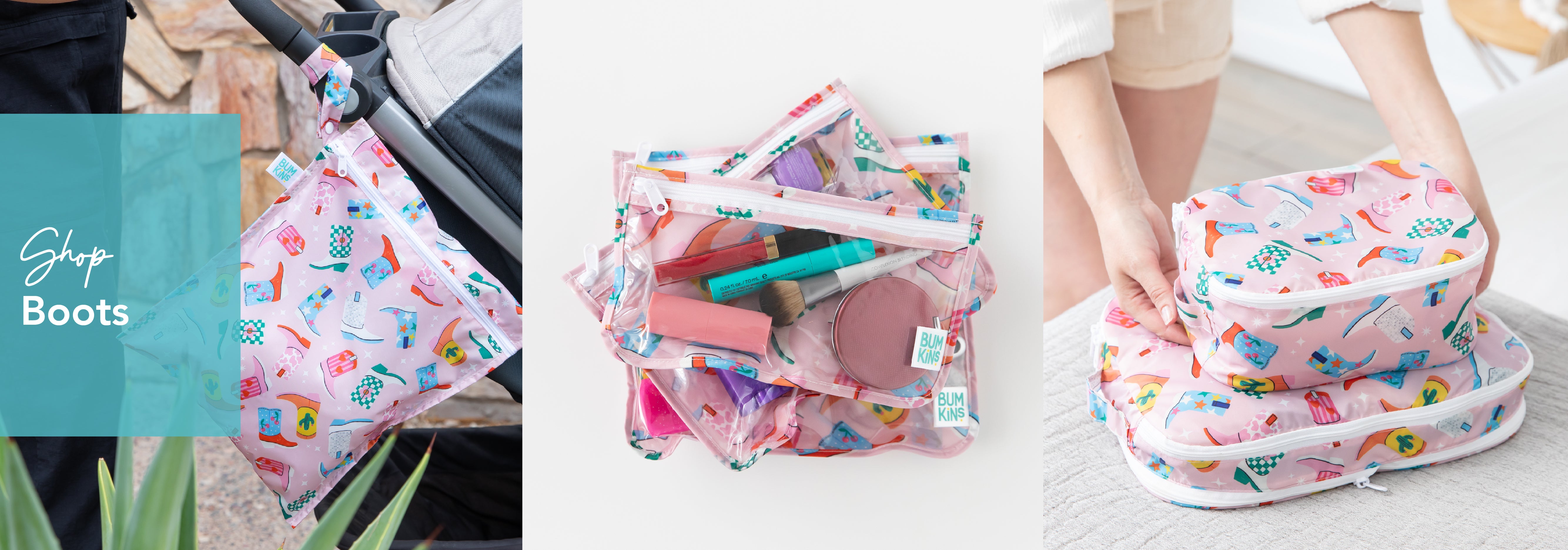 Three images show colorful, patterned reusable bags. The first is attached to a stroller. The second displays a set of zippered bags filled with toiletries. The third shows hands organizing clothes into two larger bags on a flat surface.