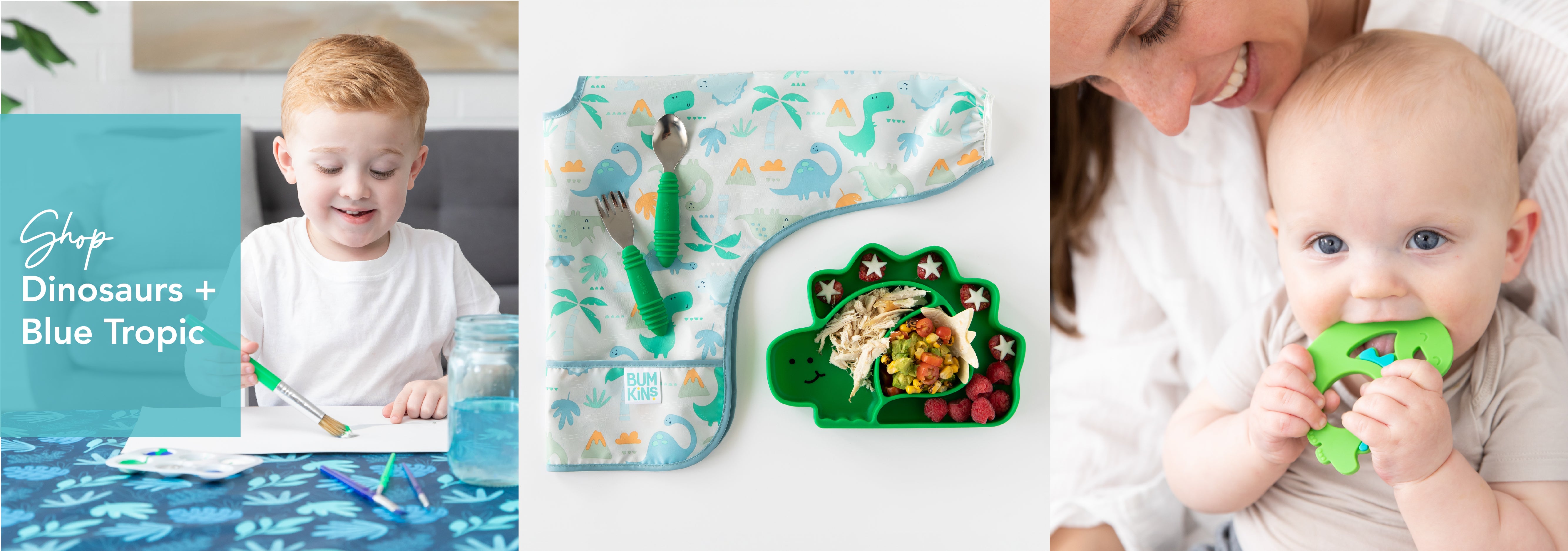 A triptych image showing: a child drawing on a table with a blue dinosaur-themed tablecloth; a flatlay of a bib, spoon, and dinosaur-shaped plate with food; a baby chewing on a green dinosaur-shaped teether, held by an adult.