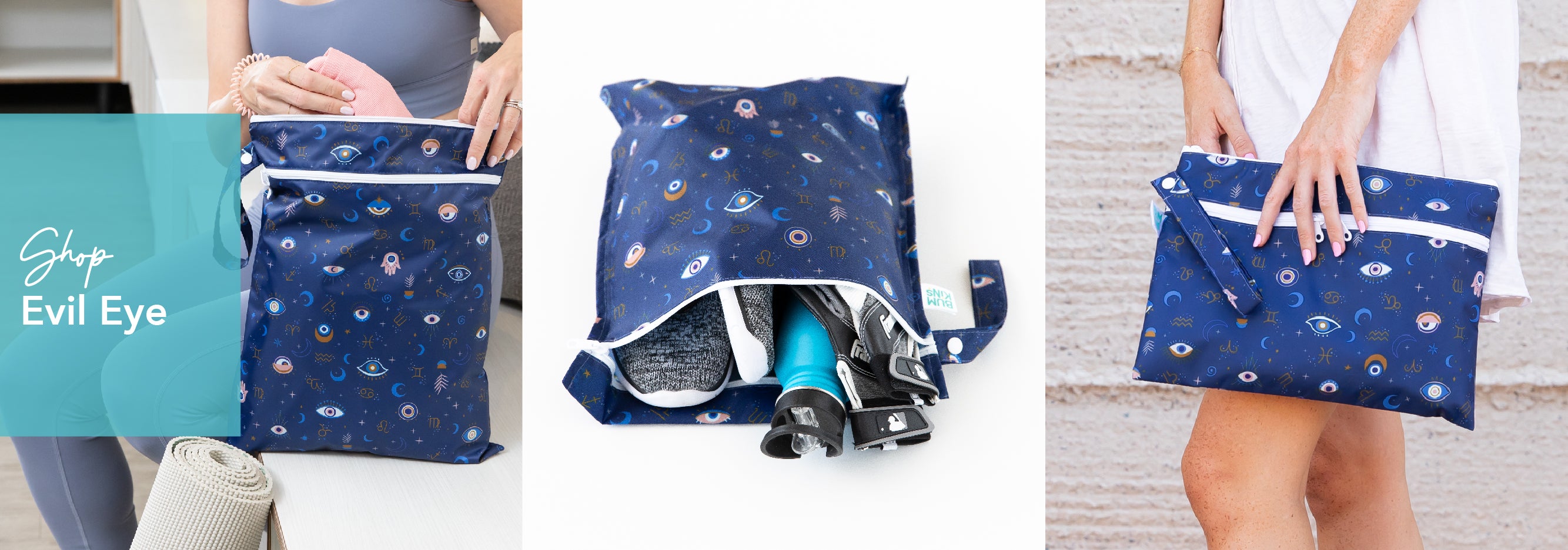 Three images of a blue bag with a white zipper, featuring an evil eye pattern. Left: woman at a table with bag. Center: bag holding gym items. Right: woman holding bag against a wall.