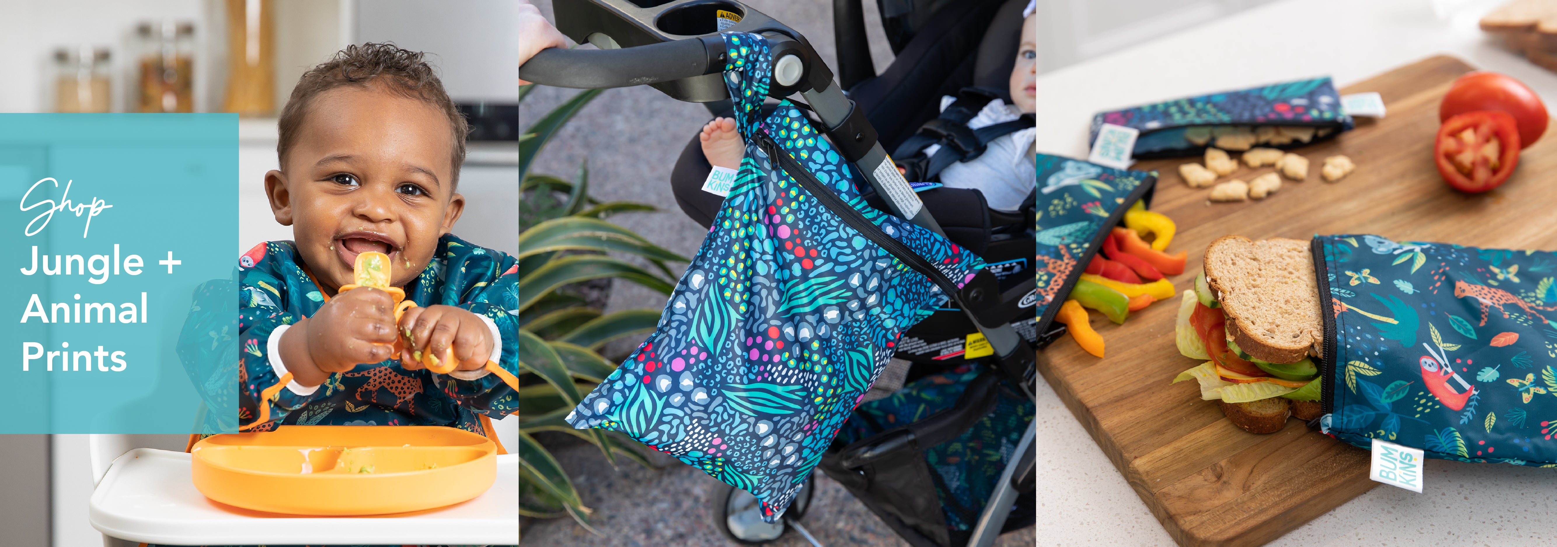 A toddler eating at a table with a divided plate. A stroller with a colorful jungle-print accessory bag hangs. A table displays a sandwich, cut snack, bell pepper slices, and a jungle-print bag. Text: Style Jungle + Animal Prints.