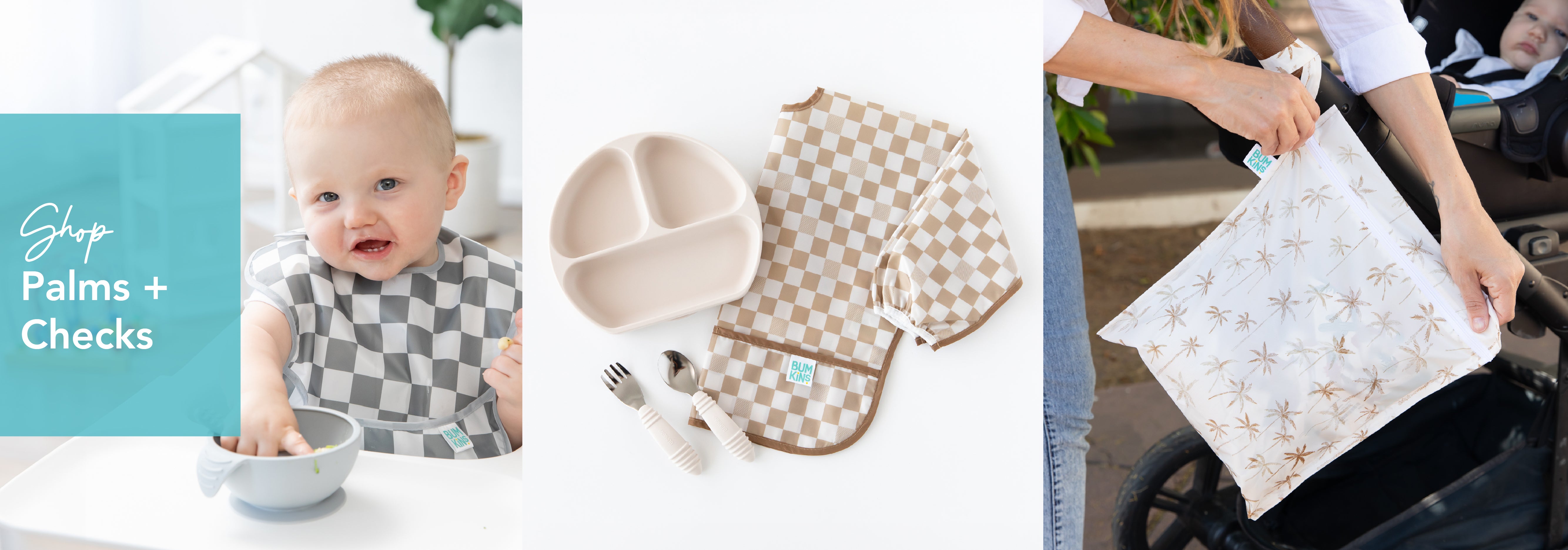 A baby in a checkered bib eats from a bowl. Next to it, a checkered bib and divided plate with utensils are displayed. On the right, a person carries a palm-patterned bag. Text reads: Shop Palms + Checks.