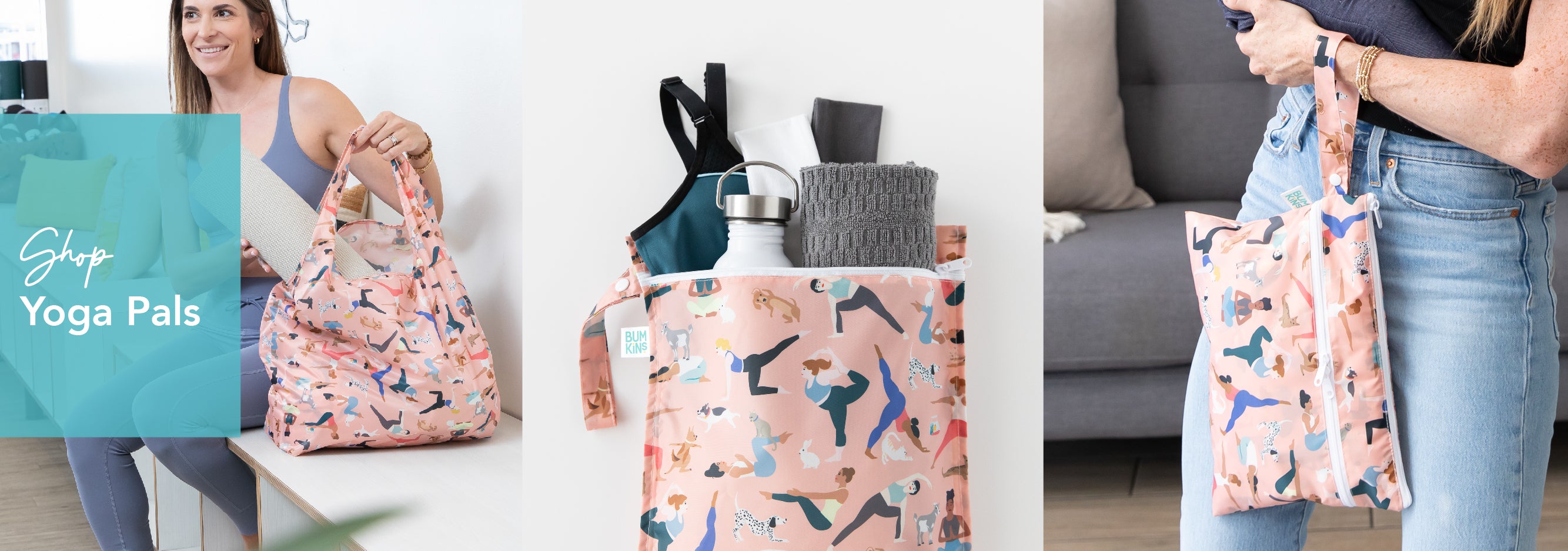 Three images of a yoga-themed tote bag. The first shows a woman smiling and holding the bag. The second displays the bag filled with items like a water bottle and towel. The third image shows the bag being carried on a persons arm. The bag is pink with yoga illustrations.