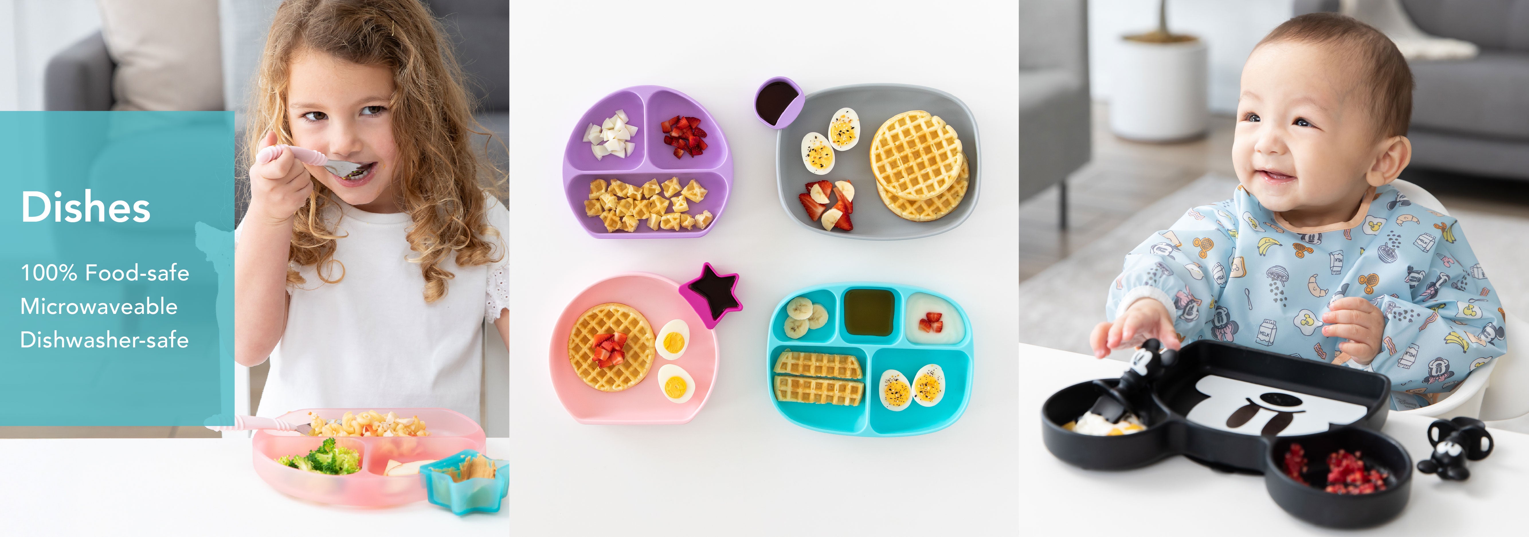 A young girl eating from a pink plate, four different sectioned plates with various foods like waffles and fruit, and a baby using a black sectioned plate with a bear design. Text reads: Dishes, 100% Food-safe, Microwaveable, Dishwasher-safe.