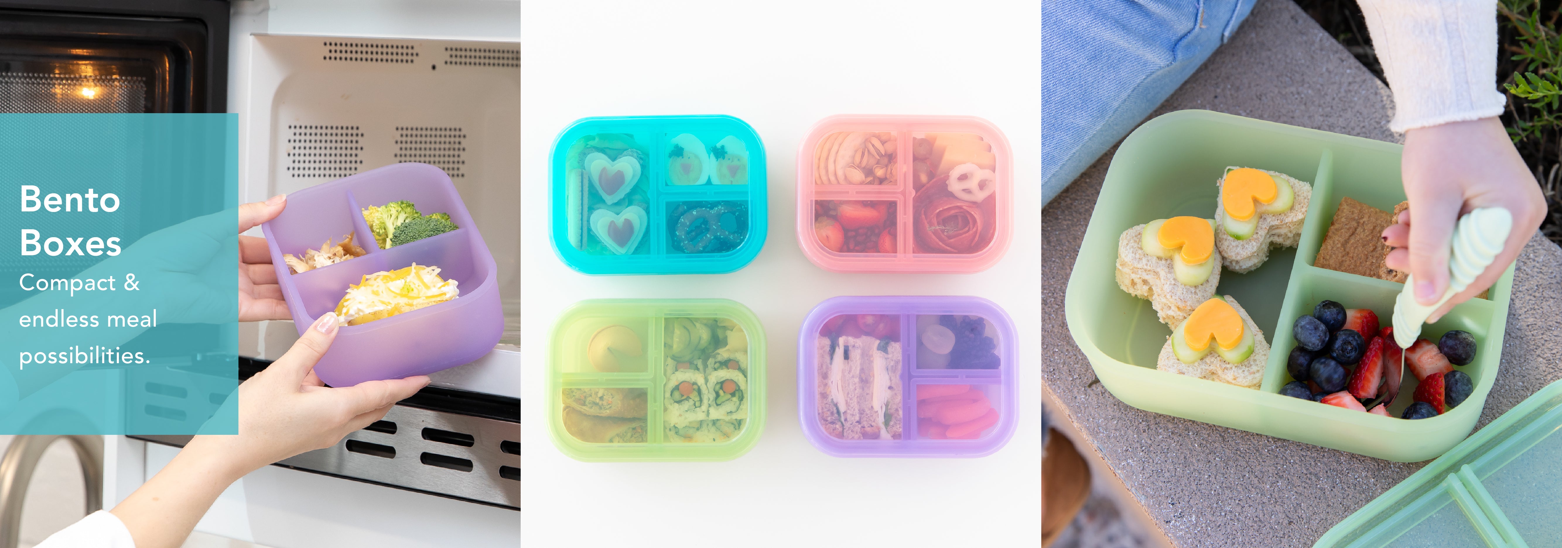 Collage of bento boxes: Left shows a purple box with food being placed in a microwave. Center displays four colorful boxes with various snacks. Right shows a hand eating from a green box with fruit, sandwiches, and snacks, on a textured background.