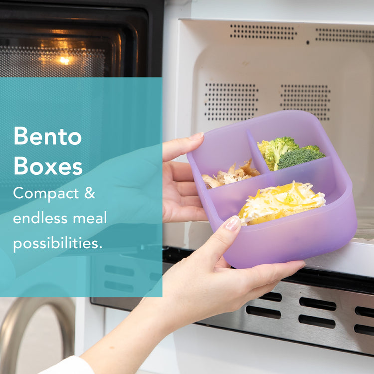 A person places a purple bento box with divided sections into a microwave. The box contains ingredients like shredded cheese and broccoli. Text on the left reads, Bento Boxes: Compact & endless meal possibilities.