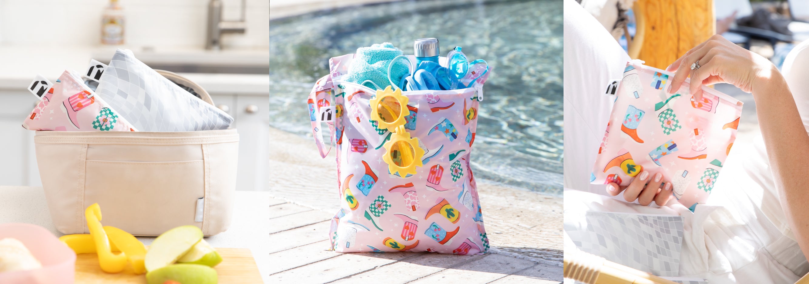 Three images show colorful, patterned reusable bags used for snacks, pool towels, and being held in bright daylight.