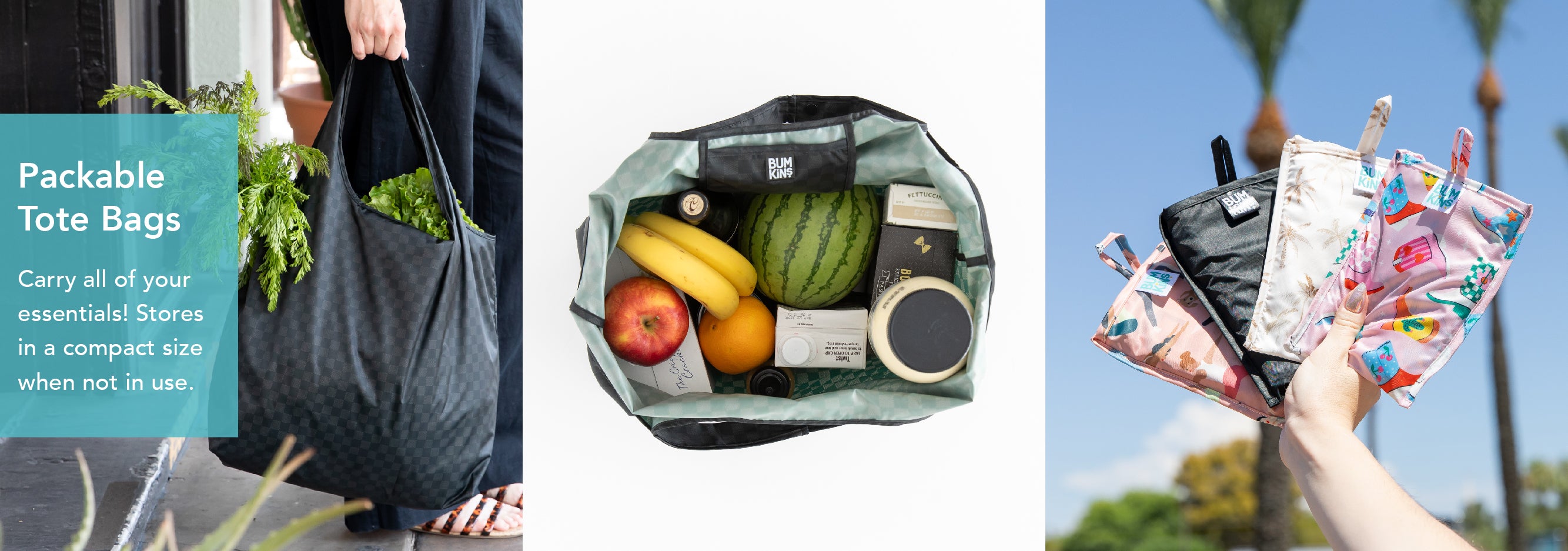 Collage showing packable tote bags in use: one with vegetables; another with fruits, bread, and a jar; the third image displays compacted bags with colorful designs. Text reads: Packable Tote Bags: Carry all of your essentials.
