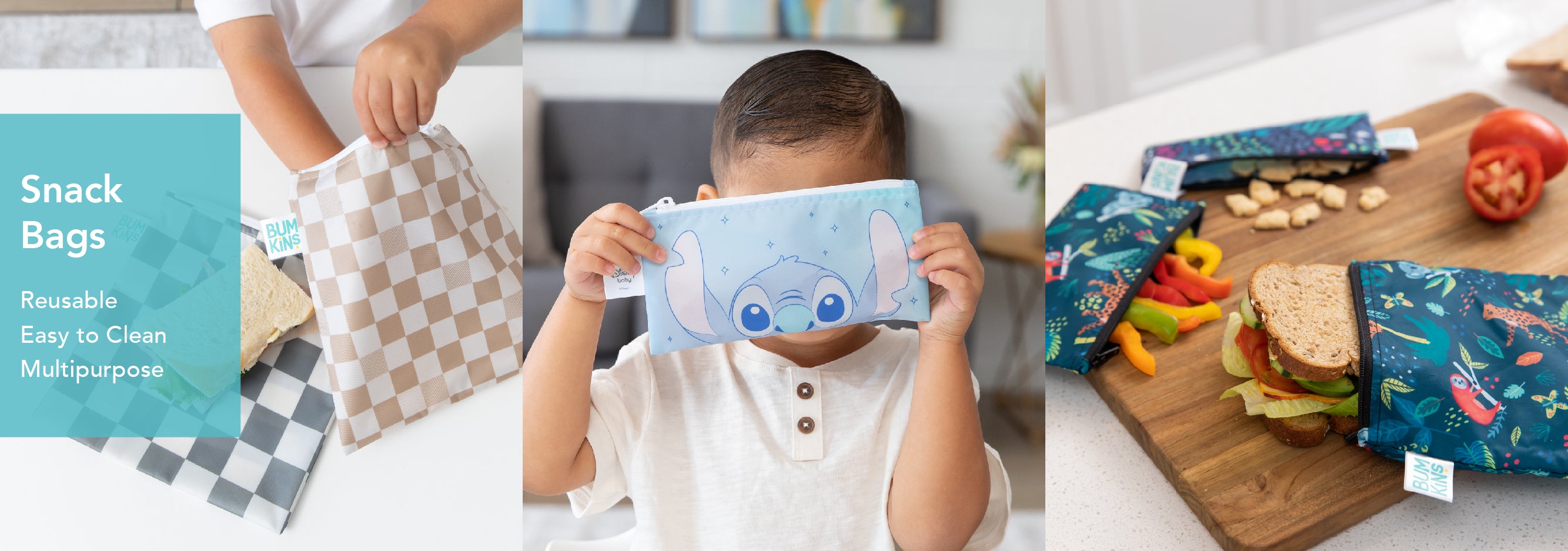A child holds a light blue pouch with an animated design. Nearby, a person places snacks into a checkered bag. A cutting board holds sandwiches with a dinosaur-patterned bag beside it. Text: Snack Bags, Reusable, Easy to Clean, Multipurpose.