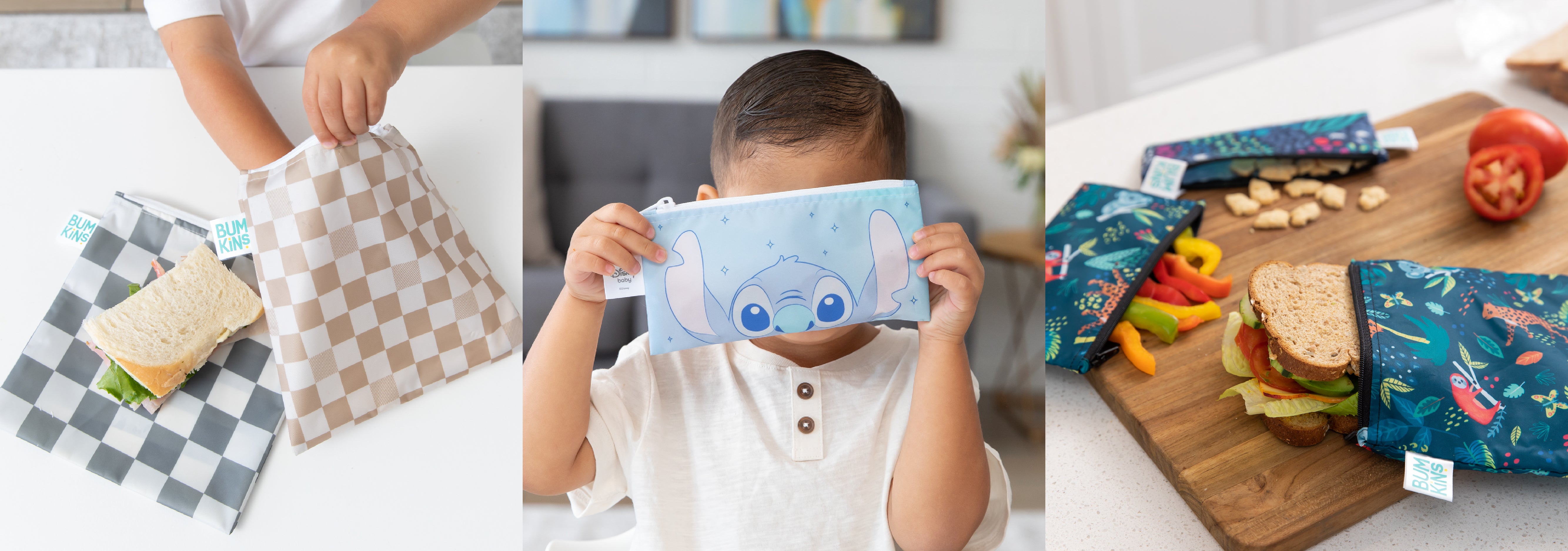 Three images: reusable sandwich bags with lunches, a child holding a blue pouch with Stitch, and snacks on a kitchen counter.