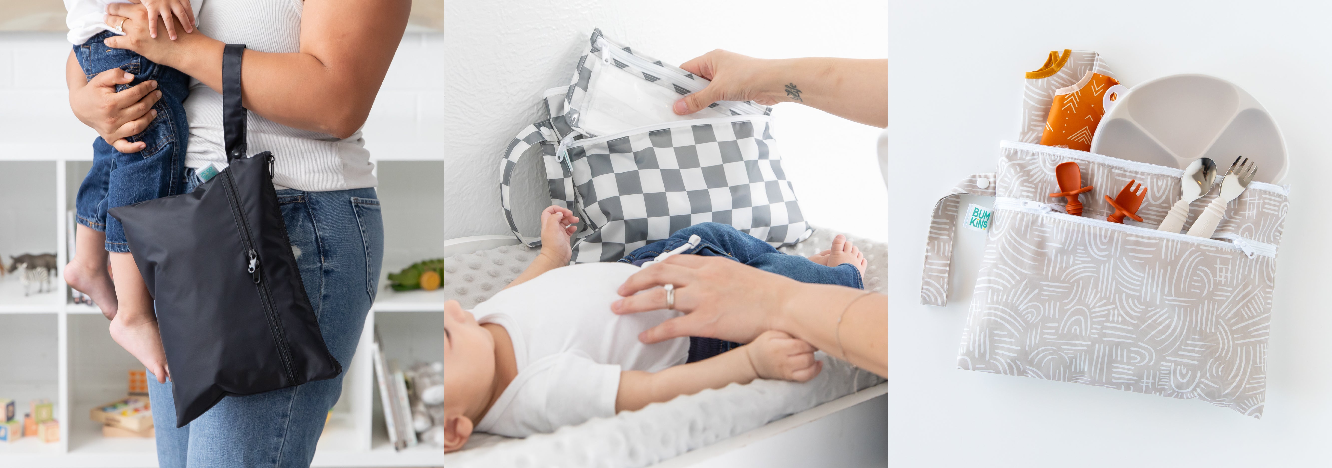 Three images: a parent holds a baby with a black diaper bag, a baby being changed with a gray pouch, and a pouch with baby utensils.
