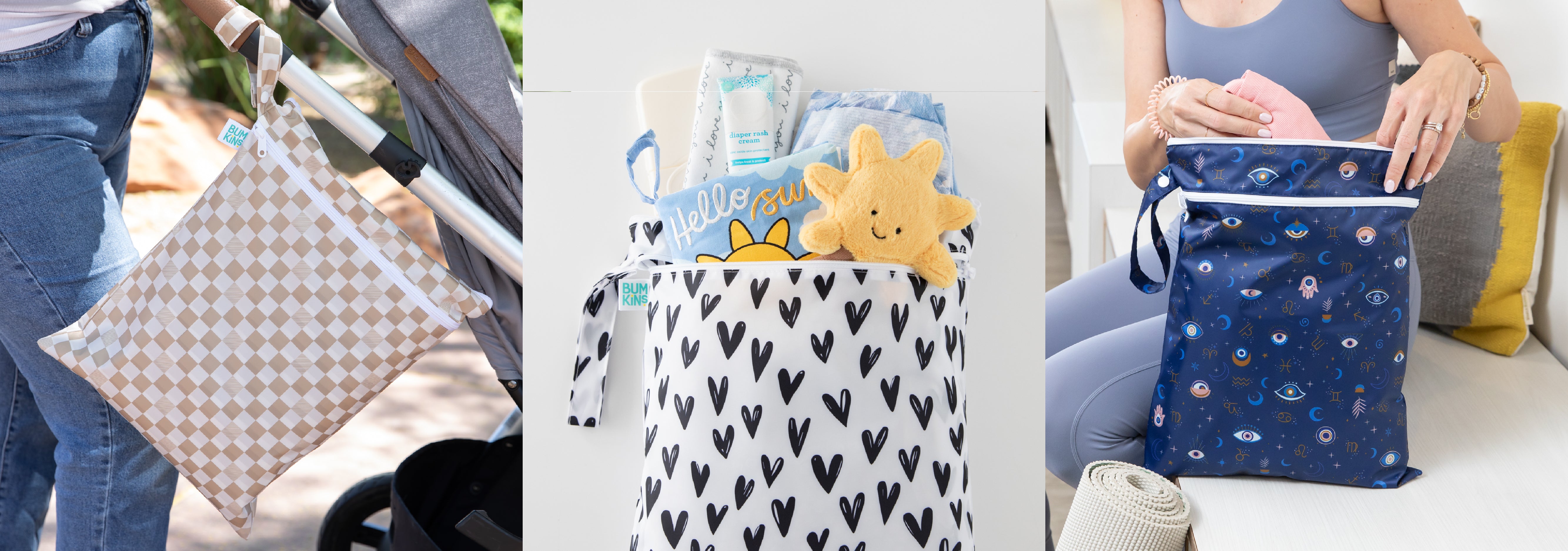 Three patterned wet bags are shown holding various items: attached to a stroller, filled with baby essentials, and used for workout gear.