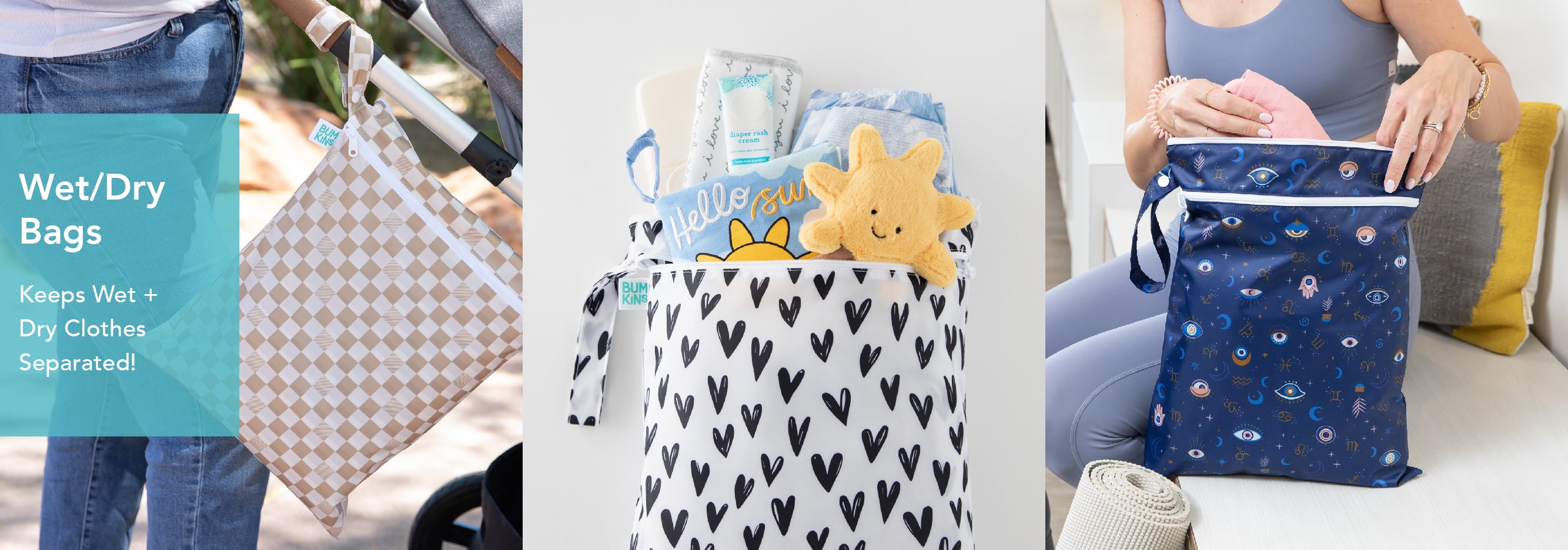 Three wet/dry bags in different designs: a beige diamond pattern attached to a stroller, a heart pattern bag with items including a plush star, and a navy space-themed bag held by a person in sportswear. Text reads: Wet/Dry Bags Keeps Wet + Dry Clothes Separated!.