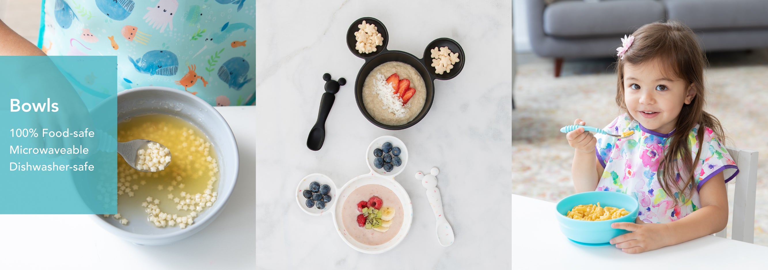 A collage showing a baby food bowl with small cereal balls, three bear-shaped bowls with fruits, and a smiling child eating cereal from a bright blue bowl. Text overlay states, Bowls: 100% Food-safe, Microwaveable, Dishwasher-safe.