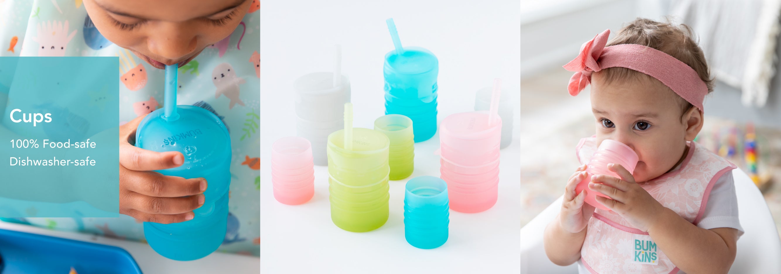 A young child drinks from a turquoise cup with a straw. In the center, various colorful cups and straws are displayed. Another child on the right, wearing a pink headband, drinks from a cup. Text reads, Cups, 100% Food-safe, Dishwasher-safe.