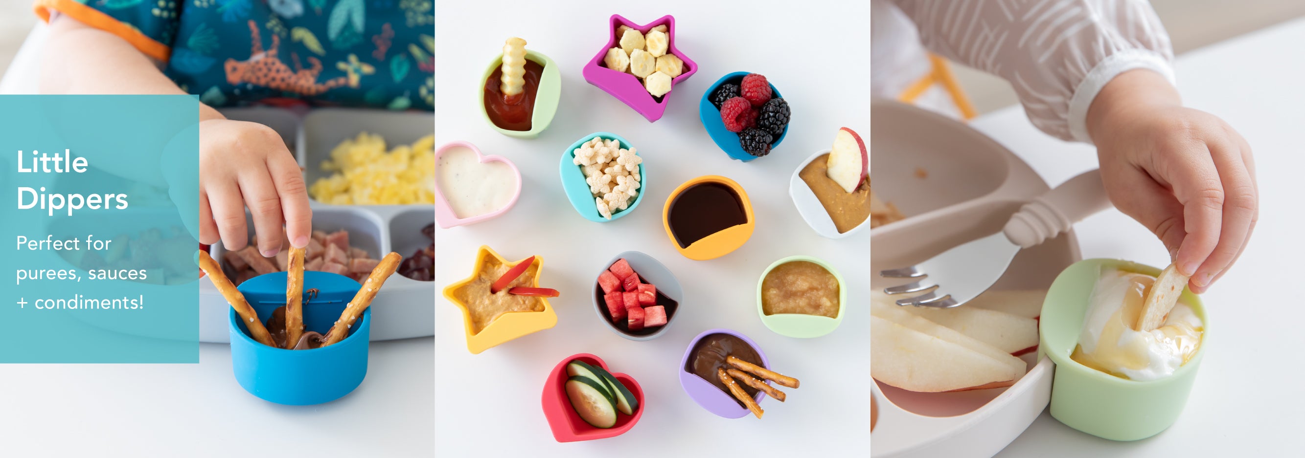 Three images show children using colorful dipping cups shaped like stars, hearts, and flowers. Cups hold various foods like pretzels, berries, sauces, and cheese cubes. Text reads: Little Dippers. Perfect for purees, sauces + condiments!.