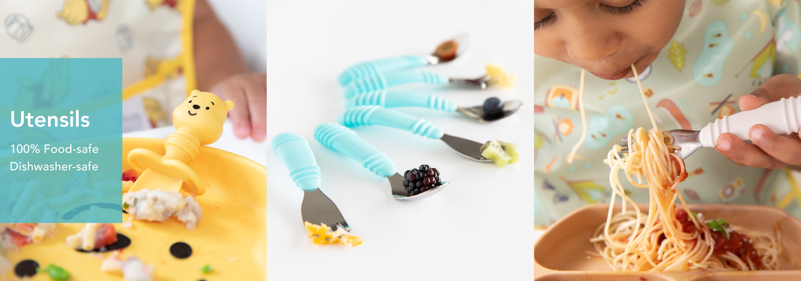Close-up collage of a child eating with blue and white toddler utensils, including a teddy bear-shaped holder. Utensils have various foods on them: pasta, blackberries, and more. Text reads: Utensils 100% Food-safe Dishwasher-safe.