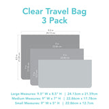 Bumkins Clear Travel Bag 3 Pack with dimensions—9.5 in (24 cm) by 8.5 in (22 cm), 9 in (23 cm) by 7.5 in (19 cm), 9 in (23 cm) by 5 in (13 cm). 