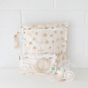Bumkins Wet Bag + Clear Travel Bag 3 Pack + Packable Tote Set in Palm Daze—ideal for organizing essentials and pump parts.