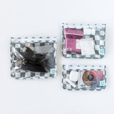 Bumkins Packing Cube 2 Pack + Clear Travel Bag 3 Pack Set in Charcoal Check keeps snacks, electronics & travel essentials organized.
