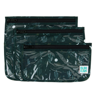 Bumkins Clear Travel Bag 3 Pack: Starry Cactus features TSA-compliant bags dark green pouches with cacti and moons.