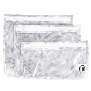 Roamio by Bumkins Clear Travel Bag 3 Pack: Disco Check includes 3 TSA-compliant waterproof bags with a gray & white mosaic pattern.