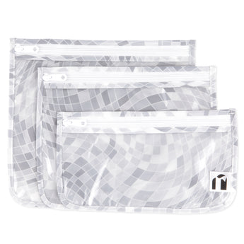 Roamio by Bumkins Clear Travel Bag 3 Pack: Disco Check includes 3 TSA-compliant waterproof bags with a gray & white mosaic pattern.