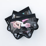Bumkins Clear Travel Bag 3 Pack: Rich Black is shown stacked on a white background, holding scrunchies and nail polish.