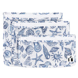 Roamio by Bumkins Clear Travel Bag 3 Pack: Shells includes 3 TSA-compliant bags made of white waterproof fabric with a blue shell pattern.
