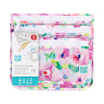 The Bumkins Clear Travel Bag 3-Pack: Watercolor features colorful floral patterns, waterproof fabric, and comes in varying sizes.