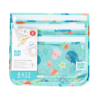 Bumkins Clear Travel Bag 3-Pack: Ocean Life features vibrant TSA-compliant ocean-themed designs like an octopus and whale.
