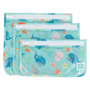 The Clear Travel Bag 3-Pack: Ocean Life by Bumkins offers TSA-friendly aqua bags with ocean-themed prints.