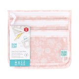 Bumkins Clear Travel Bag 3-Pack: Lace features three pink floral TSA-compliant bags with white zippers, packaged for style and convenience.