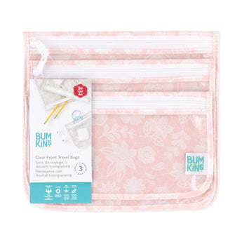 Bumkins Clear Travel Bag 3-Pack: Lace features three pink floral TSA-compliant bags with white zippers, packaged for style and convenience.