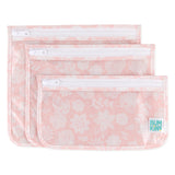 Three overlapping pink floral Clear Travel Bag 3-Pack: Lace pouches by Bumkins, perfect TSA-approved travel companions.