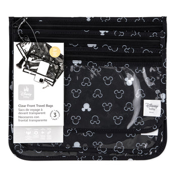 Bumkins Clear Travel Bag 3-Pack: Mickey Mouse Icon Black + White, TSA-compliant with labels, in packaging.
