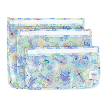 Bumkins Clear Travel Bag 3 Pack: Aloha Stitch includes 3 TSA-compliant pouches with tropical cartoon designs featuring Disney's Stitch.