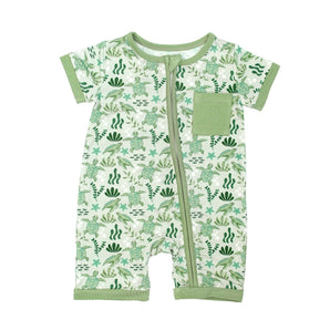 Emerson and Friends Romper, Sea Turtles: super-soft bamboo, short sleeves, zipper front, pocket & cute turtle pattern.