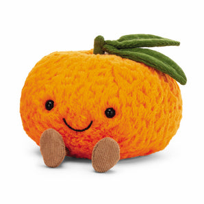 Jellycat Amuseables Clementine is a plush toy with a smiling face, brown legs, and green leaves by Jellycat.
