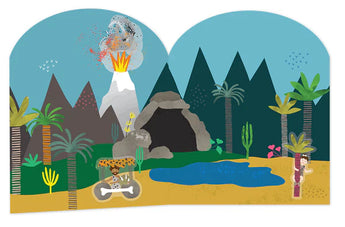 Stick and Play, Dino by Floss and Rock depicts a prehistoric scene with a caveman, stone car, volcano, palm trees, and pond.