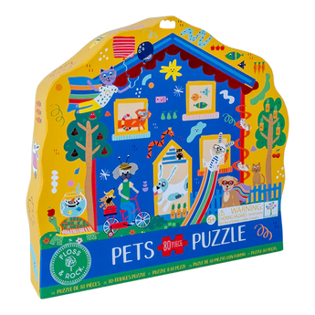 The Floss and Rock 80 Piece Puzzle, Pets, features vibrant animal designs in a whimsical house to boost kids problem-solving skills.