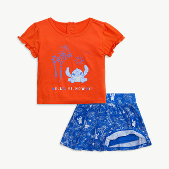 Lilo+Stitch skort set: Bright orange tee with palm trees & HELLO, HI, HOWDY! text; blue shorts with white outline prints by Magnetic Me.