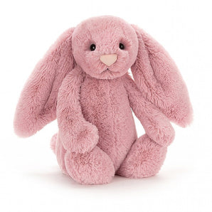 The Jellycat Bashful Tulip Bunny Medium has a heart-shaped nose and soft nuzzly ears, sitting upright on a white background.