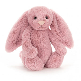The Jellycat Bashful Tulip Bunny Medium has a heart-shaped nose and soft nuzzly ears, sitting upright on a white background.