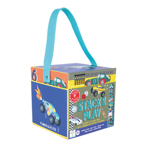 Floss and Rocks Stack and Play, Cars wooden toy box has vibrant racing cars & a blue handle, ideal for kids aged 2+.