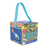 Floss and Rocks Stack and Play, Cars wooden toy box has vibrant racing cars & a blue handle, ideal for kids aged 2+.