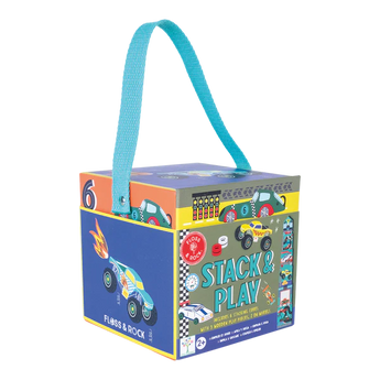 Floss and Rocks Stack and Play, Cars wooden toy box has vibrant racing cars & a blue handle, ideal for kids aged 2+.