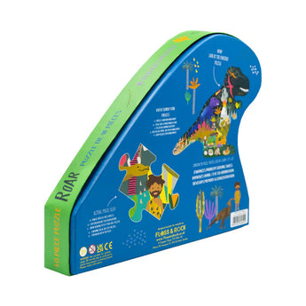 Floss and Rocks 40 Piece Dinosaur Puzzle: T-rex head shaped, with colorful illustrations on a vibrant blue background.